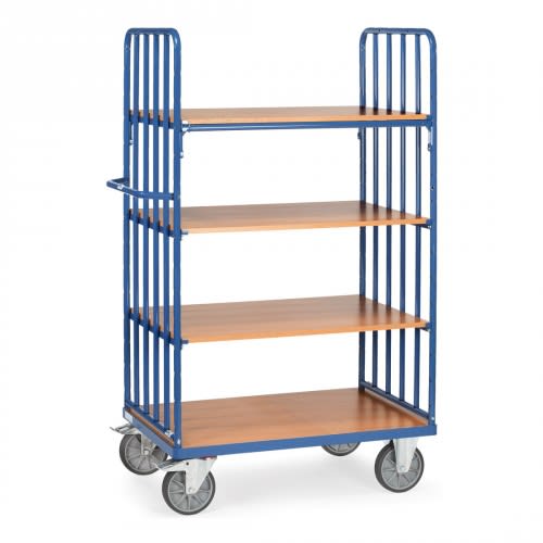 FETRA Etagenwagen 8311 mit 4 Böden und Streben, blaue Metallkonstruktion, Holzablagen, Gesamthöhe 1800 mm, Tragkraft 500 kg, Transportwagen mit vier Lenkrollen