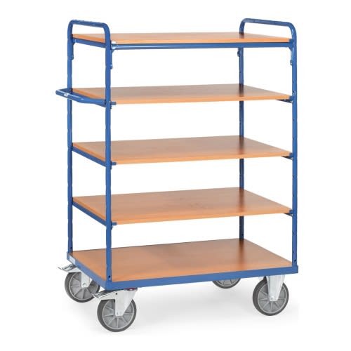 FETRA Etagenwagen 8240 mit 5 Böden und blauer Metallrahmen, Tragkraft 500 bis 600 kg, Transportwagen mit Holzablagen und vier Lenkrollen