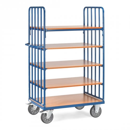 FETRA Etagenwagen Modell 8351 mit 5 Holzböden und blauer Metallstrebenkonstruktion, Tragkraft 600 kg