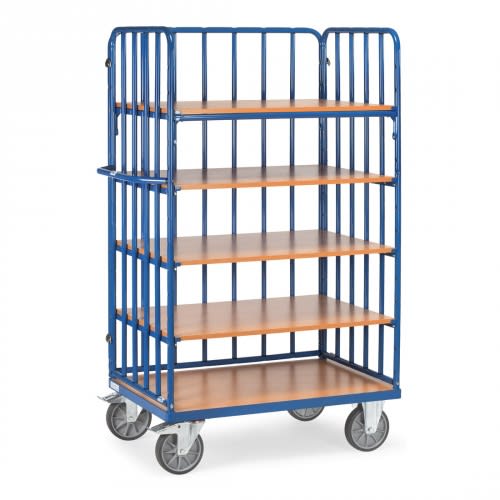 FETRA Etagenwagen 8351-1 mit 5 Böden und Längswand mit Streben, Tragkraft 600 kg, blauer Metallrahmen und Holzablagen, vier Lenkrollen