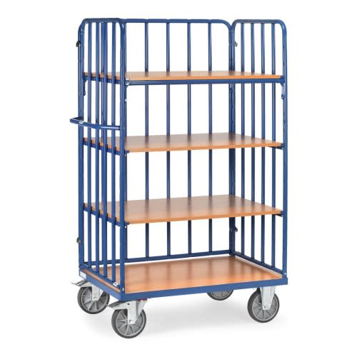 FETRA Etagenwagen 8311-1 mit 4 Böden und Längswand mit Streben, Tragkraft 600 kg, blauer Metallrahmen und Holzablagen, vier Lenkrollen