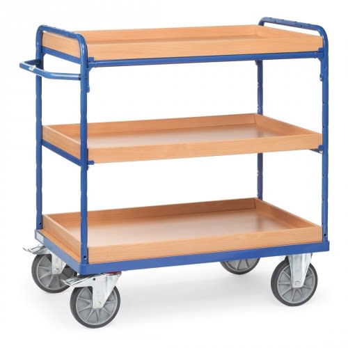 FETRA Etagenwagen 8120 mit 3 Holz-Kästen und blauer Metallrahmen, Tragkraft 500 bis 600 kg