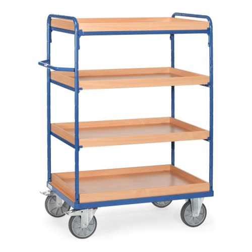 FETRA Etagenwagen Modell 8220 mit 4 Holzablagen und blauer Metallrahmen, Tragkraft 500 bis 600 kg, Transportwagen mit vier Lenkrollen
