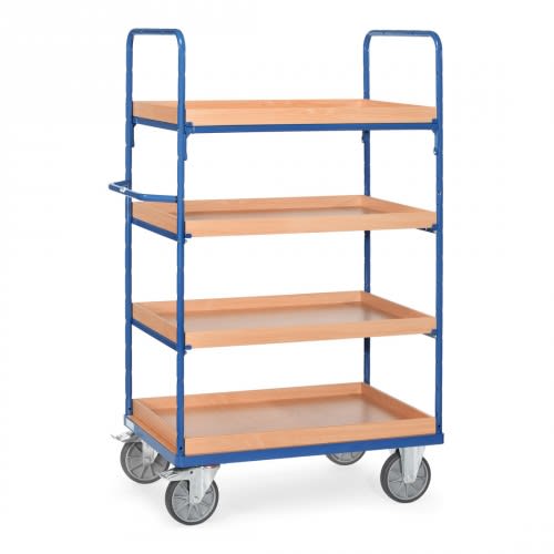 FETRA Etagenwagen 8321 mit 4 Holzablagen, blauer Metallrahmen, 4 Lenkrollen, Gesamthöhe 1800 mm, Tragkraft 600 kg
