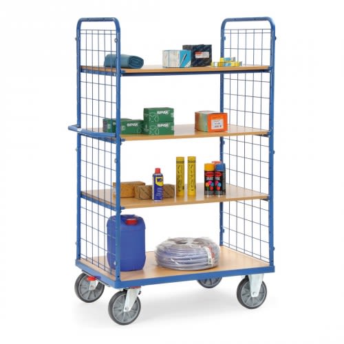 FETRA Etagenwagen 8412 mit 4 Böden und Drahtgitterwänden, Tragkraft 600 kg, beladen mit verschiedenen Gegenständen