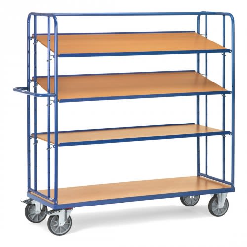 FETRA Etagenwagen mit 4 Böden, blauer Rahmen, Holzablagen, Gesamthöhe 1800 mm, Tragkraft 500 kg