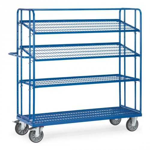 FETRA Etagenwagen 4495 mit 4 Drahtgitterböden, blaue Farbe, Gesamthöhe 1800 mm, Tragkraft 500 kg, vier Lenkrollen