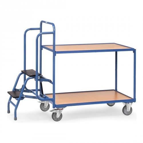 FETRA Kommissionierwagen 2105 mit 2 Böden und Trittstufen, blauer Rahmen, Holzablagen, Tragkraft 250 kg