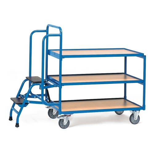 FETRA Kommissionierwagen 2106 mit 3 Böden und Trittstufen, blauer Rahmen, Tragkraft 250 kg