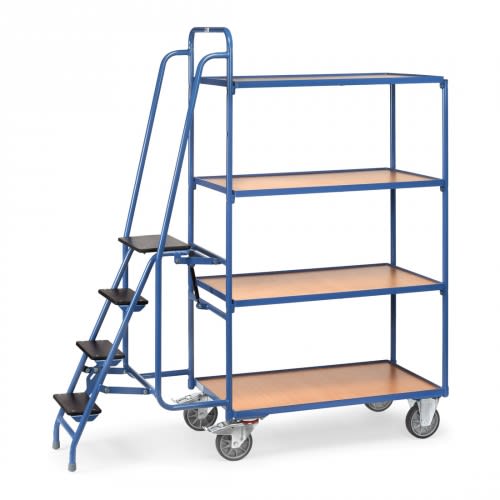 FETRA Kommissionierwagen 2108 mit 4 Böden und Trittstufen, blaue Metallkonstruktion, Holzablagen, Gesamthöhe 1900 mm, Tragkraft 250 kg