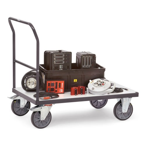 FETRA ESD-Schiebebügelwagen 9500 mit Tragkraft 500 bis 600 kg, schwarzer Transportwagen mit Griff und großen Rädern, beladen mit elektronischen Geräten