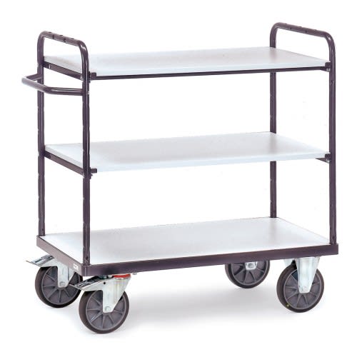 FETRA ESD-Etagenwagen 9100 mit 3 Böden und Tragkraft 500 bis 600 kg, dreistöckiger Transportwagen mit grauen Böden und schwarzen Metallrahmen