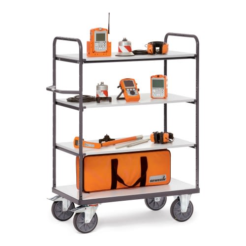 FETRA ESD-Etagenwagen 9200 mit 4 Böden, Tragkraft 500 bis 600 kg, mit verschiedenen Messgeräten und orange Tasche auf den Regalböden
