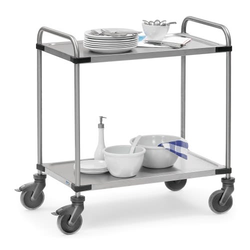FETRA Edelstahlwagen 5001 mit 2 Böden aus Edelstahl, Tragkraft 120 kg, mit Geschirr und Küchenutensilien beladen