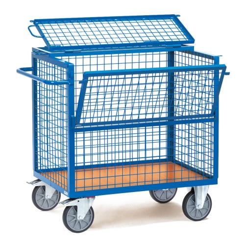 FETRA Drahtkastenwagen 2762 mit Deckel in blau, Tragkraft 600 kg, mit vier Lenkrollen und Holzboden