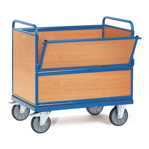 FETRA Holzkastenwagen 2972 mit blauer Metallrahmen und Holzverkleidung, Tragkraft 600 kg, vier Lenkrollen