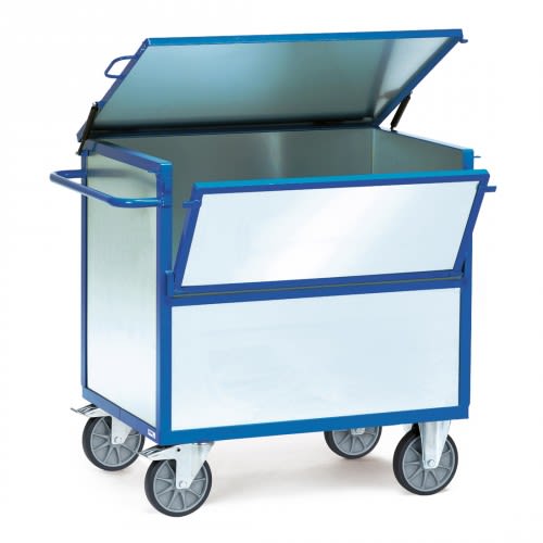 FETRA Blechkastenwagen 2832 mit verzinkten Stahlblechwänden und Deckel, Tragkraft 600 kg, blauer Rahmen, vier Lenkrollen