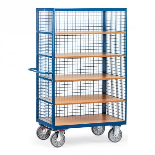 FETRA Kastenwagen 3392 mit Drahtgitterwänden und 5 Holzregalen, Tragkraft 750 kg, blauer Metallrahmen, vier Lenkrollen