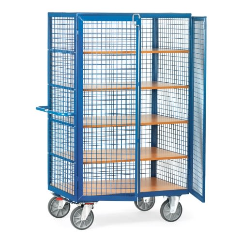 FETRA Kastenwagen 4392 mit blauen Drahtgitterwänden, Doppel-Flügeltür mit Stangenverschluss und Holzregalen, Tragkraft 750 kg