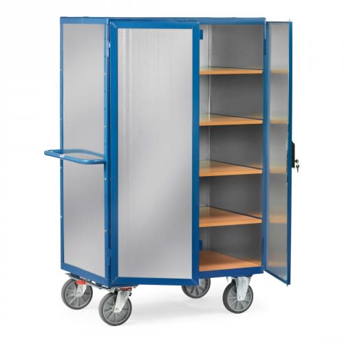 FETRA Kastenwagen 5492 mit Stahlblechwänden, Doppel-Flügeltür und vier Holzregalen, Tragkraft 750 kg