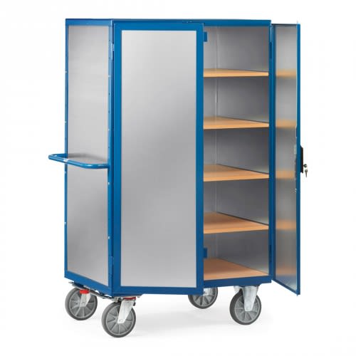 FETRA Kastenwagen 5592 mit Aluminium Wänden und Doppel-Flügeltür, Tragkraft 750 kg, mit vier Holzregalen und großen Lenkrollen