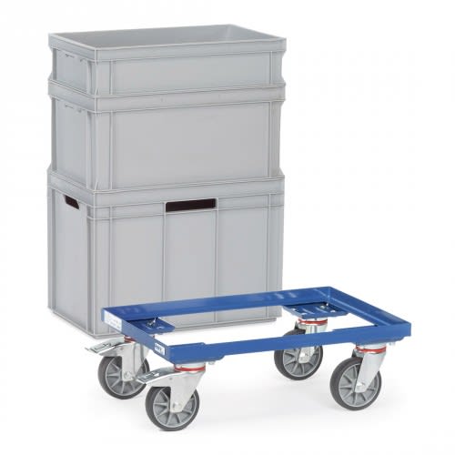 FETRA Eurokasten-Roller 13580 mit offenem blauen Rahmen und vier Lenkrollen, Tragkraft 250 kg, mit zwei gestapelten grauen Eurokästen