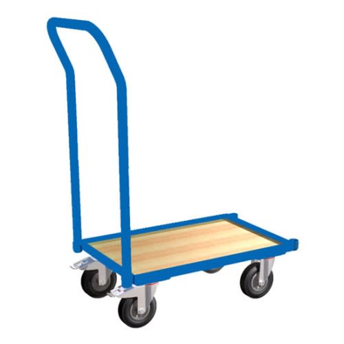 FETRA Eurokasten-Roller 135810 mit Holzbodenplatte, Rand und Schiebebügel, Tragkraft 250 kg, blauer Rahmen und vier Rollen