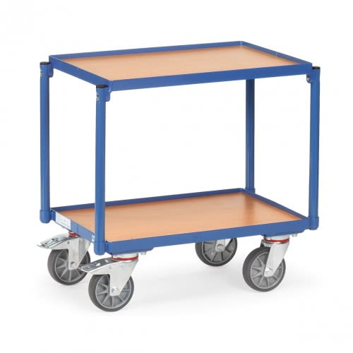 FETRA Etagenroller mit 2 Holzbodenplatten und Rand, Tragkraft 250 kg, blauer Rahmen, vier Lenkrollen