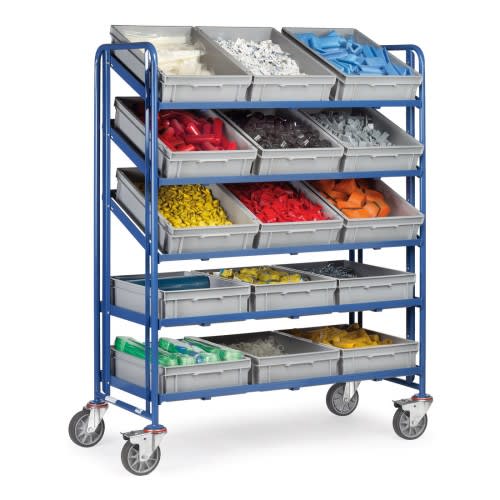 FETRA Eurokastenwagen 1383 mit 5 Etagen und offenem Rahmen, gefüllt mit verschiedenen farbigen Kunststoffteilen, Tragkraft 300 kg