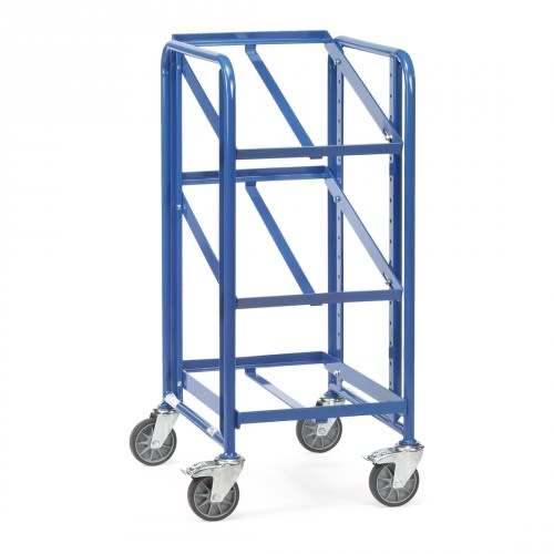 FETRA Eurokastenwagen 2380 mit 3 Etagen und offenem Rahmen, blaue Stahlkonstruktion, Breite 410 mm, Tragkraft 250 kg, mit vier Lenkrollen