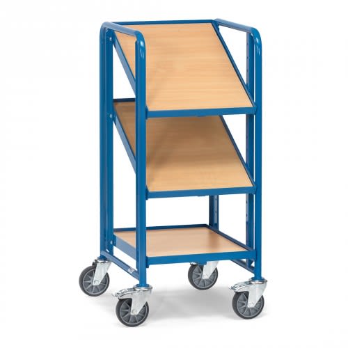 FETRA Eurokastenwagen 2381 mit 3 Holzbodenetagen, blaue Metallrahmen, Breite 410 mm, Tragkraft 250 kg