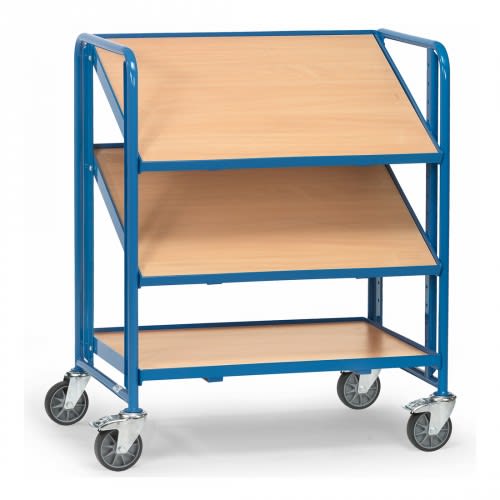 FETRA Eurokastenwagen 2391 mit 3 Holzbodenetagen, blaue Metallrahmen, Breite 825 mm, Tragkraft 250 kg