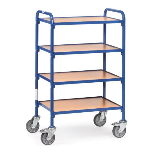 FETRA Beistellwagen mit 4 Holzbodenetagen, blauer Metallrahmen, 4 Lenkrollen, Breite 740 mm, Tragkraft 250 kg