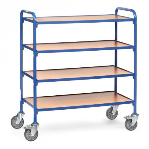 FETRA Beistellwagen 32940 mit 4 Holzbodenetagen, blaue Metallrahmen, 4 Lenkrollen, Breite 1050 mm, Tragkraft 250 kg