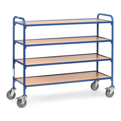 FETRA Beistellwagen 32950 mit 4 Holzbodenetagen, blauer Metallrahmen, 1360 mm Breite, Tragkraft 250 kg, vier Lenkrollen