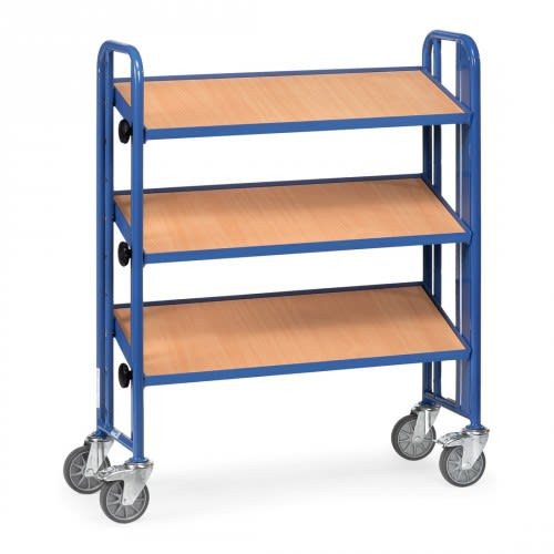 FETRA Montagewagen 2881 mit 3 Etagen, blauer Stahlrahmen, Holzablagen, 900 mm Breite, Tragkraft 250 kg, Transportwagen mit Rollen