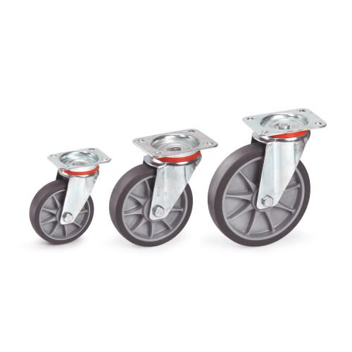 Drei FETRA Lenkrollen 71602 aus thermoplastischem Elastomer (TPE) in verschiedenen Größen