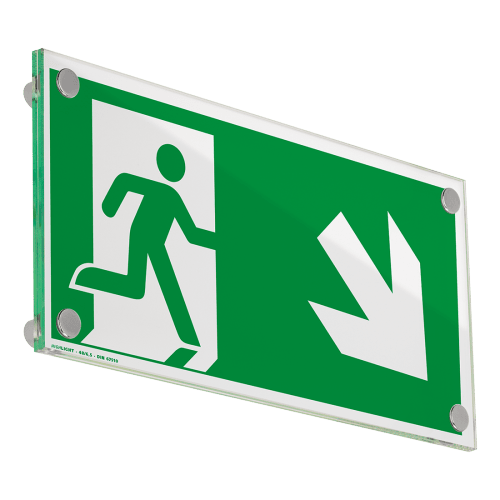 Fluchtwegweiser mit grünem Hintergrund und weißem Symbol einer laufenden Person und Pfeil nach rechts unten