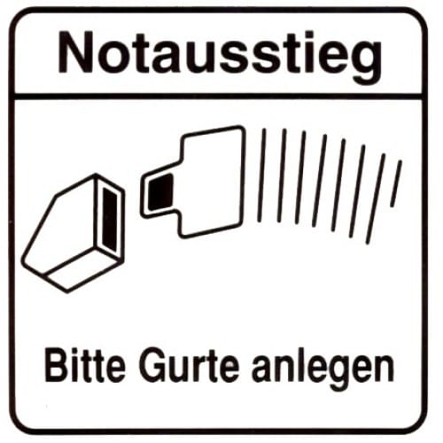 Piktogramm Notausstieg mit Bitte Gurte anlegen Symbol