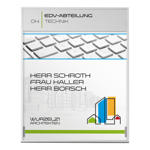 MADRID Paneel für Türschild mit EDV-Abteilung Technik Beschriftung, Tastaturbild und Architekten-Logo