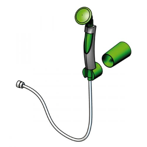 Augendusche mit abgewinkeltem grünen Brausekopf zur Wand- oder Tischmontage