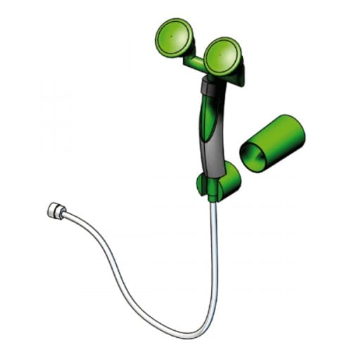 Augendusche mit zwei abgewinkelten grünen Brauseköpfen und flexiblem Schlauch zur Wand- oder Tischmontage