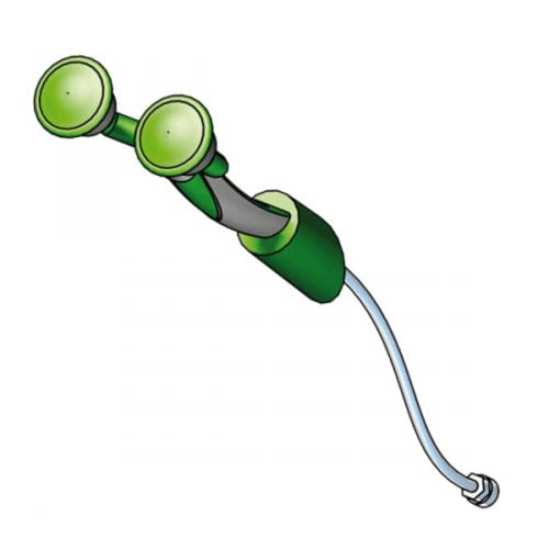 Augendusche mit zwei grünen Brauseköpfen in Diagonalmontage, mit flexiblem Anschluss