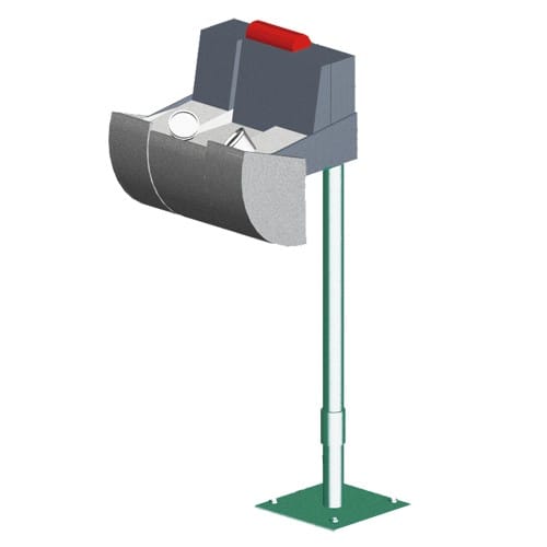 Gesichts- und Augendusche mit Auffangbecken und Abdeckung zur Bodenmontage, Sicherheitsdusche aus Metall mit rotem Aktivierungsknopf
