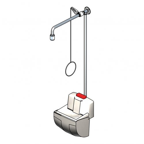 Notdusche mit Zugstange und Gesichts- und Augendusche zur Wandmontage Aufputz Typ II mit Auffangbecken und Abdeckung