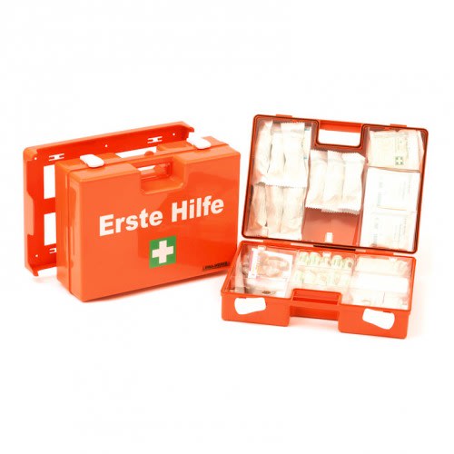 Erste-Hilfe-Koffer MAXI nach ÖNORM mit Verbandmaterial und Zubehör in rotem Koffer