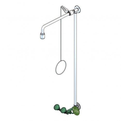 Notdusche mit Zugstange und Sicherheitsaugendusche zur Wandmontage Aufputz, Typ I, mit grünem Push-Knopf