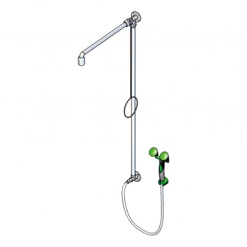 Notdusche mit Zugstange und Handaugendusche zur Wandmontage Aufputz Typ II, grüne Handbrause mit Schlauch