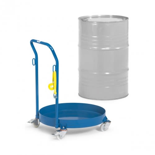 FETRA Fassroller 13610 mit Schiebebügel und Stahlblechwanne in Blau neben einem Metallfass, Tragkraft 250 kg