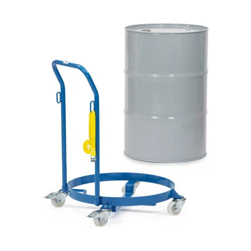 FETRA Fassroller 13600 mit Schiebebügel und blauer Metallkonstruktion neben grauem Fass, Tragkraft 250 kg